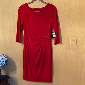 Elegant Red Long Sleeve Dress with Ring Accent
